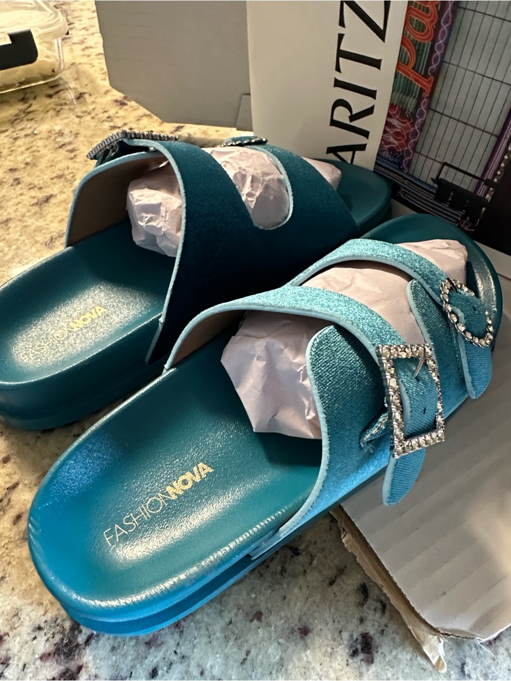 Fashion Nova Teal Sparkle Double-Buckle Slide Sandals